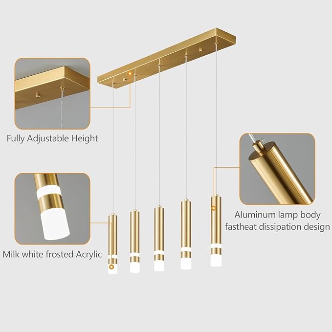 5-Light Dining Room Modern Pendant Light Kitchen Fixture Dimmable LED Gold Pendant Lighting fo Kitchen Island Study Pendant Lights