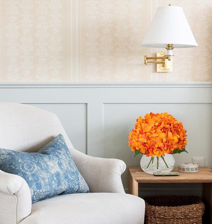 Hollyone Hydrangea Artificial Flowers in Vase Orange Silk Fake Flowers Arrangements with Glass Vase with Faux Water Faux Floral Bulk Bouquet for Office Table Centerpiece Shelf Home Decoration