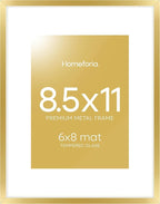 Homeforia 8.5 by 11 Picture Frame Gold, High End Metal 8.5x11 Poster Frames with Mat 6x8 Photo, 8.5 x 11 Frame Matted to 6 x 8 Print, 8.5by11 Wall or Tabletop Frame, Tempered Glass, Wall Kit, Set of 1