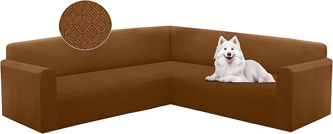 HDCAXKJ Sectional Couch Cover L Shape Stretch Sofa Covers Washable Jacquard Corner Couch Slipcover Non Slip Sectional Slip Cover U Shaped Furniture Protector for Pets Dogs (Caramel, Large)