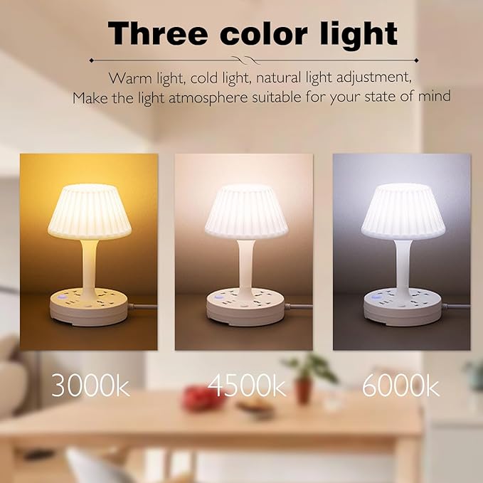 Table Lamp with USB Port and Outlet, Small Desk Lamp for Bedroom, 3-Colors Dimmable LED Lamps Eye Care Night Stand Lights, USB Charging Desk Lights for Home Office/Living Room