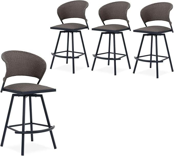 VICLLAX Patio Bar Stool Chairs with Footrests and Padded Seat, Bar Height Swivel Patio Chairs Set of 4, Brown Woven Wicker Swivel Bar Stools for Lawn Garden