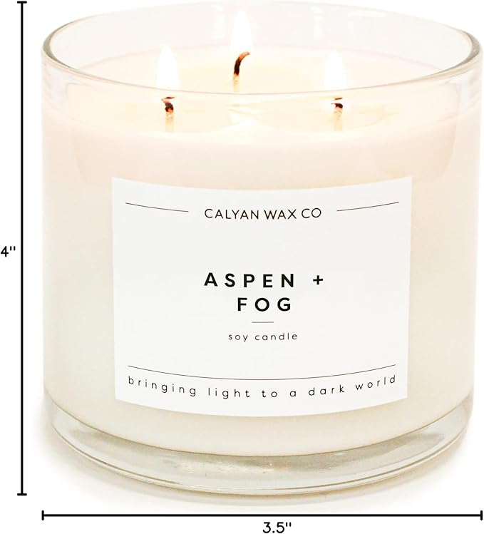 Calyan Wax Co. 3 Wick Candle, Aspen + Fog Scented Candle, 43 Hour Burn Time, 3 Wick Soy Candles, Non Toxic & Vegan Soy Wax, Glass Jar Scented Candles, 14.9oz