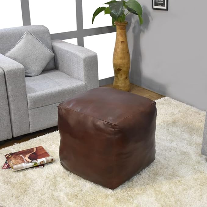 Square Shaped Goat Leather Handmade Eco-Friendly Brown Pouf - 18" x 18" x 18", Plain Solid, Recycled Cotton Filled Stuffed Seating PF12