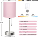Pink Bedroom Lamp for Bedside - 3 Color Temperatures Desk Lamp with USB C and A Ports, Pull Chain Table Lamp with AC Outlet, Nightstand Lamp with Silver Metal Base for Kids Girls