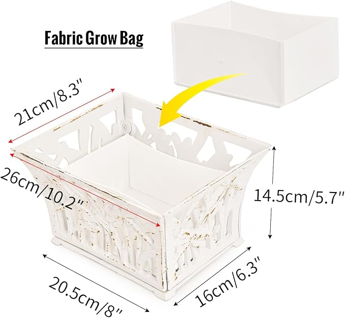 Sungmor Heavy Duty Cast Iron Planter Basket w/Non-Woven Growing Bag, Unique Shape & Beautiful Pattern Design, Hollow Orchid Flower Pot Garden Tools Holder, Rust White French Country Decor Container