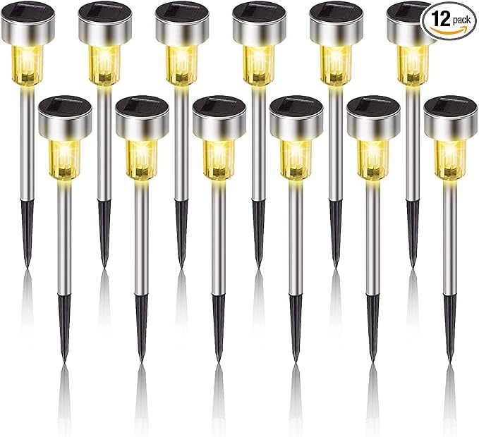 Solar Lights Outdoor Waterproof, , Solar Garden Lights Solar Powered, Stainless Steel LED Landscape Lighting Outdoor Solar Lights for Yard, Pathway, Walkway, Patio , Lawn - 12 Pack (Warm White)