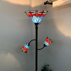 Bieye L10837 Dragonfly Tiffany Style Stained Glass Torchiere Floor Lamp with Sidelights for Reading, 70-inches Tall (Dragonfly, Red Blue)