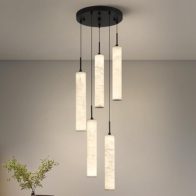 LMQNINE Natural Alabaster Pendant Lights for Kitchen Island White Marble Long Tube Chandelier Modern Black Ceiling Light Fixtures for Bedroom Dining Room Table Living Room Hallway(M-5Light)
