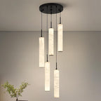 LMQNINE Natural Alabaster Pendant Lights for Kitchen Island White Marble Long Tube Chandelier Modern Black Ceiling Light Fixtures for Bedroom Dining Room Table Living Room Hallway(M-5Light)
