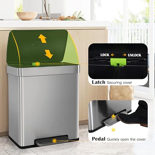 60 Liter Trash Can Soft-Close, Smude Resistant Trash Can with Foot Pedal-Brushed Stainless Steel and Two Independent Drums Waste Bin for Home, Kitchen, Office, Bathroom