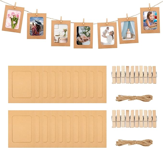 4x6 Inch Paper Photo Frame, Hanging Photo Display Banner, 20Pcs Kraft Paper Picture Frames with 20 Wood Clips and 2 Jute Twine, DIY Clip Photo Display Holders for Home, Wedding, and Party Decor