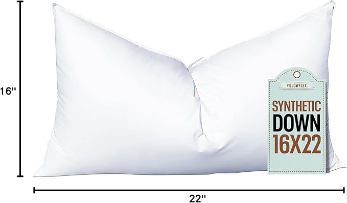 Pillowflex Synthetic Down Pillow Insert - 16x22 Down Alternative Pillow, Ultra Soft, Large Rectangle, Lumbar, Back, Neck, Sleeping Pillow - 1 Decorative Pillow Form