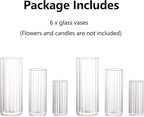 Hewory Glass Cylinder Ribbed Vases Set of 6, Tall Clear Vase for Centerpieces, Hurricane Candle Holders for Pillar or Floating Candles, Round Vases for Wedding Anniversary Events Home Table Decor