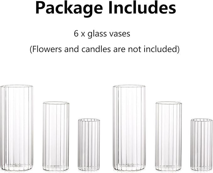 Hewory Glass Cylinder Ribbed Vases Set of 6, Tall Clear Vase for Centerpieces, Hurricane Candle Holders for Pillar or Floating Candles, Round Vases for Wedding Anniversary Events Home Table Decor