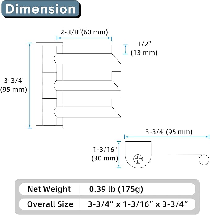Angle Simple Towel Hooks Swivel, SUS 304 Stainless Steel 3 Arms Foldable Hand Towel Holder, Coat Hooks, Brushed Gold, 2 Pack