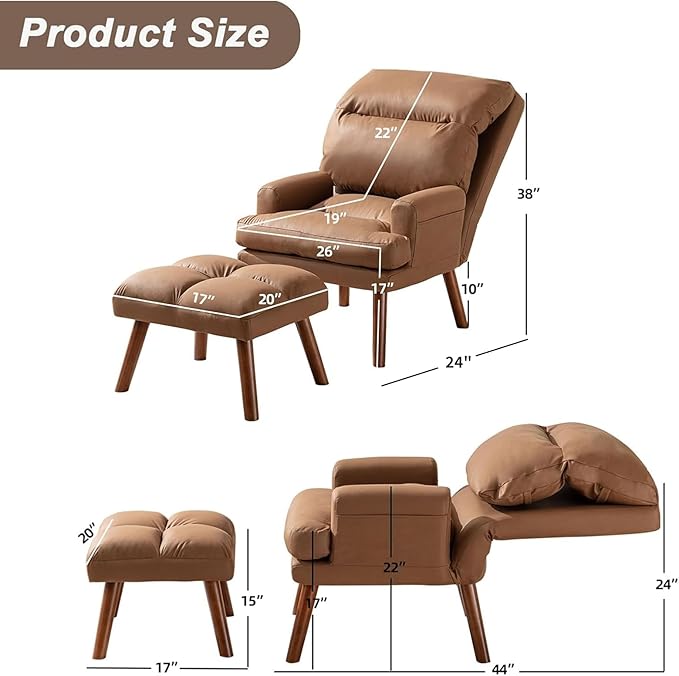 CANMOV Modern Accent Chair with Ottoman, Soft Fabric Armchair with Adjustable Backrest and Side Pockets, Comfy Lounge Chair for Living Room, Bedroom, Apartment, Office, Camel