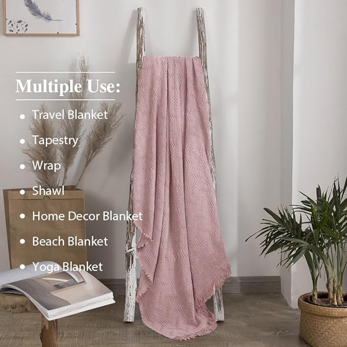 Simple&Opulence 100% Cotton Throw Blanket for Bed, Couch, Boho Luxury Geometric Knit Woven Blanket with Tassels Soft Lightweight Cozy Breathable, Vintage Farmhouse Decoration for All-Season(Pink)