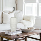 Briful Rustic Terracotta Flower Vase for Home Decor – 9" White Farmhouse Textured Barrel-Style Ceramic Vase Vintage Handcrafted Gridded Design for Faux & Dried Flowers Living Room Table Centerpiece