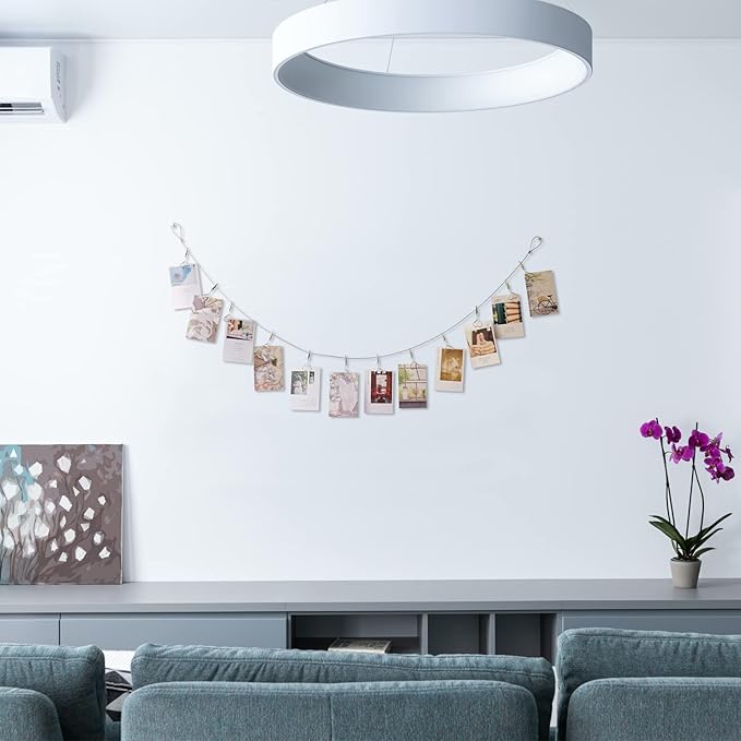 Multi-Purpose Steel Wall Hanging Photo Display Cable Wire Rod with 12 Adjustable Clips for Hanging Photos Notes Postcard and Artworks (Heart)