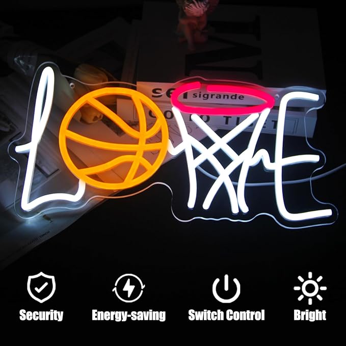 Love Basketball Neon Sign Dimmable Basketball Hoop Neon Lights for Bedroom Sport LED Neon Light Up Signs for Man Cave Game Room Birthday Party Decor Gifts for Boys USB Powered