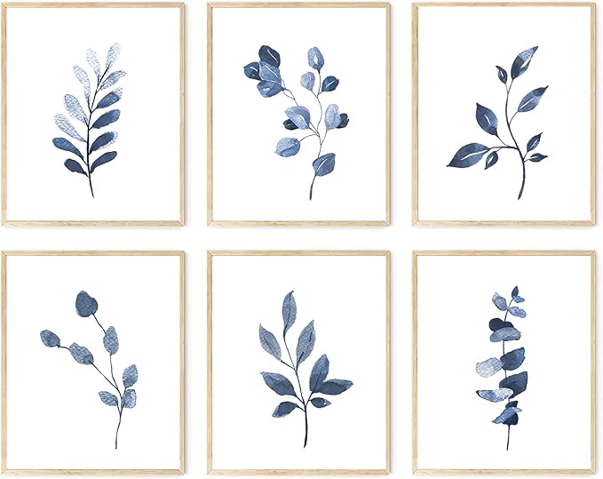 Navy Blue Botanical Art Set of 6, Minimalist Abstract Prints Watercolor Blue White Leaf Plant Wall Decor Canvas Painting, Boho Floral Wall Decor for Bedroom, Living