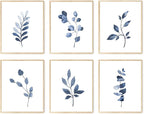 Navy Blue Botanical Art Set of 6, Minimalist Abstract Prints Watercolor Blue White Leaf Plant Wall Decor Canvas Painting, Boho Floral Wall Decor for Bedroom, Living