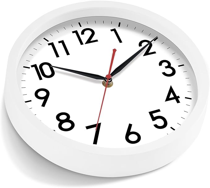 AKCISOT Wall Clock Silent Non Ticking Modern Wall Clocks Battery Operated 10 Inch, Analog Small Classic Clock Decorative for Bedroom, Kitchen, Home Office, Bathroom, School, Living Room (White)