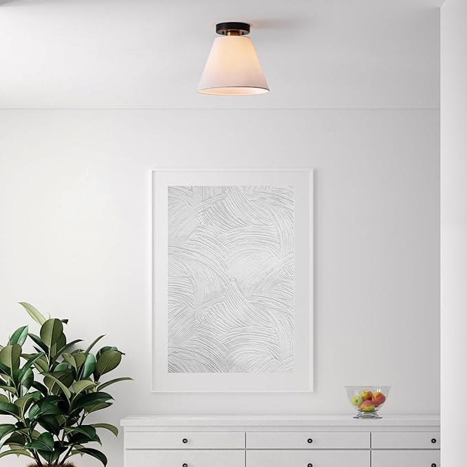 Globe Electric 1-Light Semi-Flush Mount Ceiling Light, Matte Black, Matte Brass Accent, White Linen Shade, Home Improvement, Dining Room, Kitchen