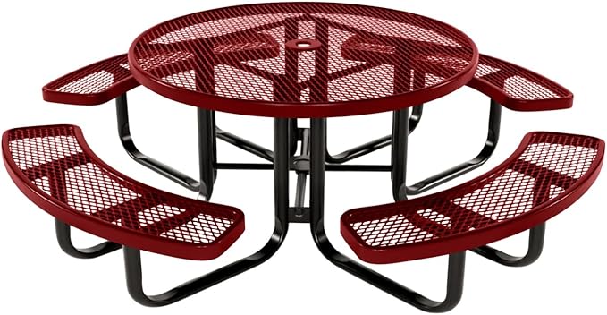 Coated Outdoor Furniture Heavy-Duty Portable Outdoor Kids Table with Umbrella Hole, Expanded Metal Kids Picnic Table, Commercial-Grade, Made in America (46 In, Round, Childrens, Textured Burgundy)
