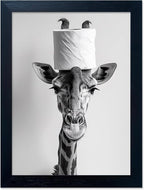 Framed Funny Bathroom Wall Art, Giraffe with a Toilet Paper Roll on Head Decor, Black and White Bathroom Pictures Wall Decor, Humor Animal Canvas Print Artwork