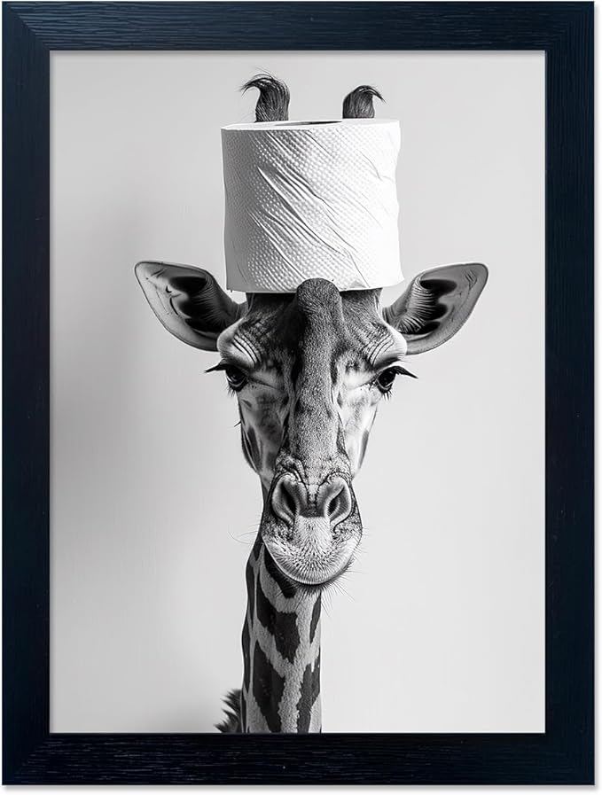 Funny Animal Bathroom Wall Art Giraffe with a Toilet Paper Roll on Head Painting Black and White Bathroom Pictures Wall Decor Framed Humor Canvas Print Artwork