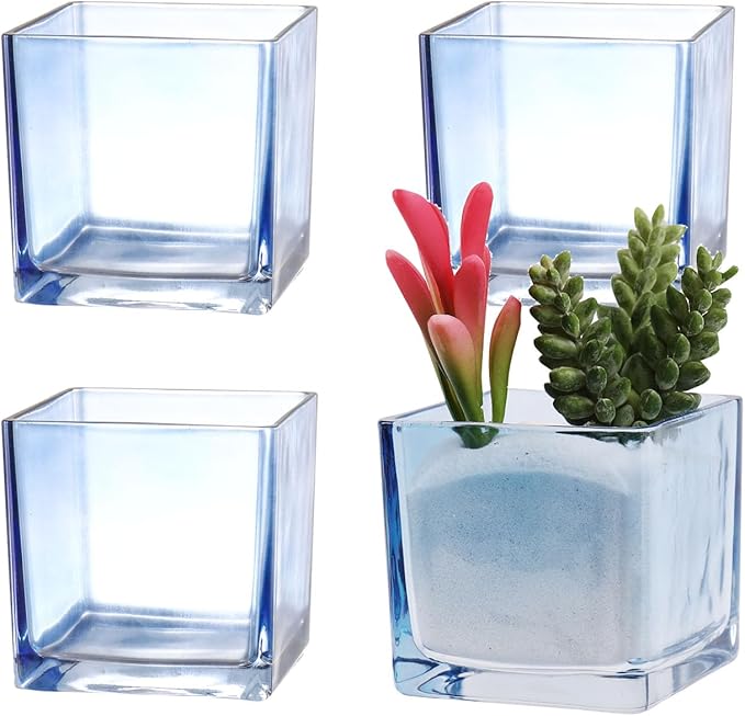 Square Flower Vases Set of 4, 3"x 3"x 3" Glass Vases for Centerpieces, Blue Vase for Flowers, Small Vase for Wedding, Party, Home Office Decoration