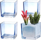 Square Flower Vases Set of 4, 3"x 3"x 3" Glass Vases for Centerpieces, Blue Vase for Flowers, Small Vase for Wedding, Party, Home Office Decoration