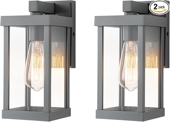 mirrea 11" Classic Outdoor Wall Sconce 1 Light in Matte Gray Rectangular Metal Frame and Clear Glass Shade Waterproof Porch Light Patio Light Pack of 2