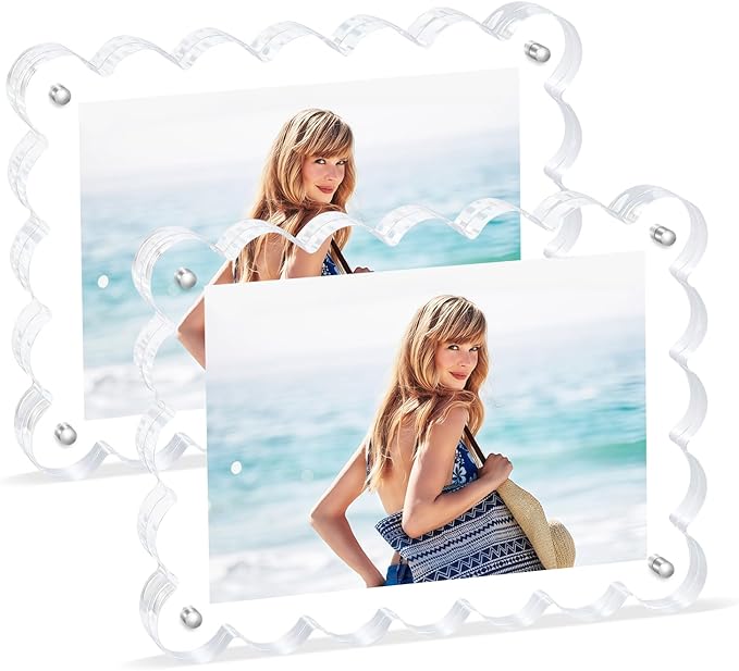 Scalloped Magnetic Picture Frame 4x6 Inch - 2Pack Clear Acrylic Photo Frame, 20mm Thick Double-Sided Magnet Design, Trendy Desktop Display for Home/Office Decor (2 Pack, 4X6)