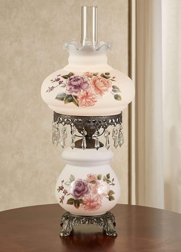 Touch of Class Brook Floral Handpainted Hurricane Table Lamp White Floral Motifs - Metal Base, Glass Shade, Scalloped Edges - Vintage Bedroom Aesthetic - Victorian Style Parlor Lamps for Bedroom
