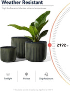 LE TAUCI Fluted Ceramic Planters Set of 3 – 8.3/7 / 5.7 in Dark Olive Reactive Cylinder Indoor Plant Pots with Drainage Plug & Mesh, Glossy Stoneware Flower Pots for Succulents Herbs
