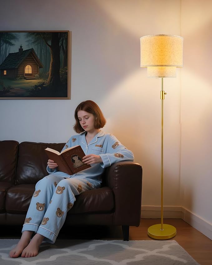 Lightdot 67IN LED Floor Lamp for Living Room, LED Standing Floor Lamps with Double Fabric Shade, E26 Bulb Included, Vintage Corner Lighting, Mid Century Floor Lamp for Bedroom Home Office-Gold