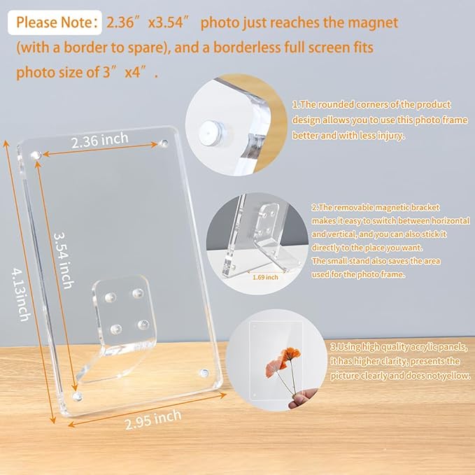 Mini Magnetic Picture Frames 2.36x3.54" with Removable Magnetic Stand, Acrylic Tabletop Photo Frames Compatible with Instax/Polaroid Camera for 2x3 Mini Film Pictures for Home/Office 2 Pack