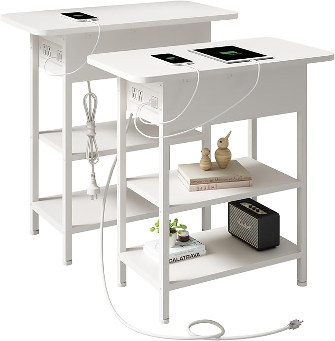 LIDYUK End Table with Charging Station, Set of 2 Flip Top Narrow Side Table for Small Spaces, Nightstands Set of 2 for Bedroom, End Tables Living Room with Storage Shelves, White