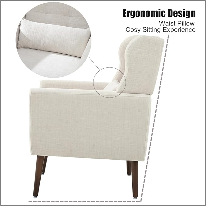 Accent Chair, Comfy Upholstered Living Room Chairs with High Tufted Backrest and Pillow, Wingback Reading Chair with Solid Wood Legs for Bedroom/Office, Chenille Fabric, Beige