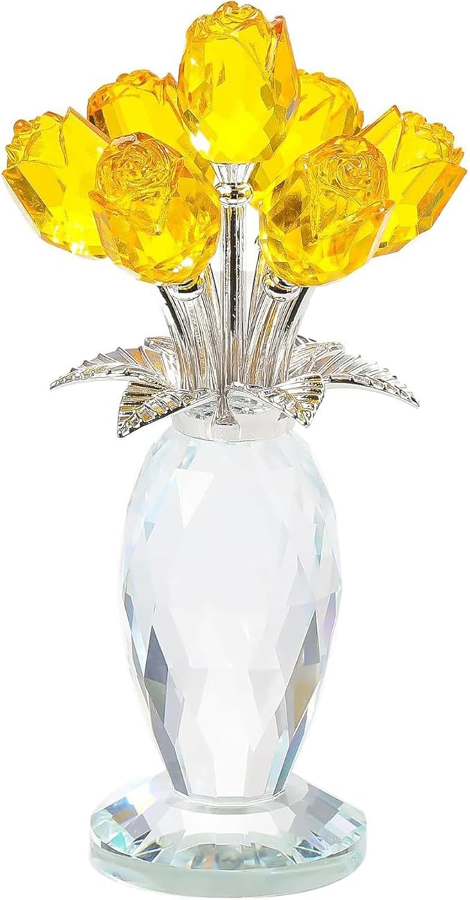 Glass Rose Flowers, Crystal Glass Figurines Rose Decorations for Home Gifts for Mom Wife Grandma, Crystal Flowers Collectible Ornament Mother's Day Thanksgiving Anniversary Birthday Gifts(Yellow Rose)