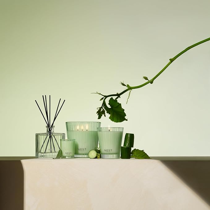 NEST New York Reed Diffuser, Cucumber & White Sage - 5.9 fl oz - Fragrance for Up to 90 Days - Reusable, Refillable Glass Holder - Includes 8 All-Natural Reed Sticks - Flame Free