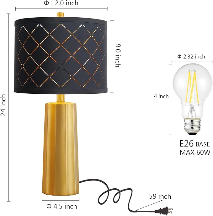 RORIANO 24" Modern Table Lamp for Living Room Bedroom, Gold Nightstand Resin Lamp with Black Grid Shade