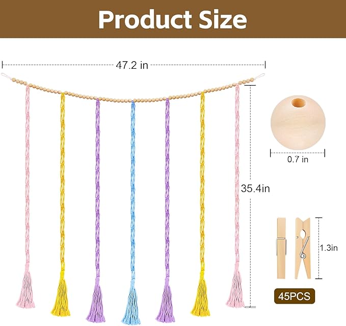 Boho Macrame Hanging Photo Display Wall Decor With 45 Clips Frame Collage Board With Wooden Beads For Bedroom Classroom Nursery Gifts For Teenage Girls