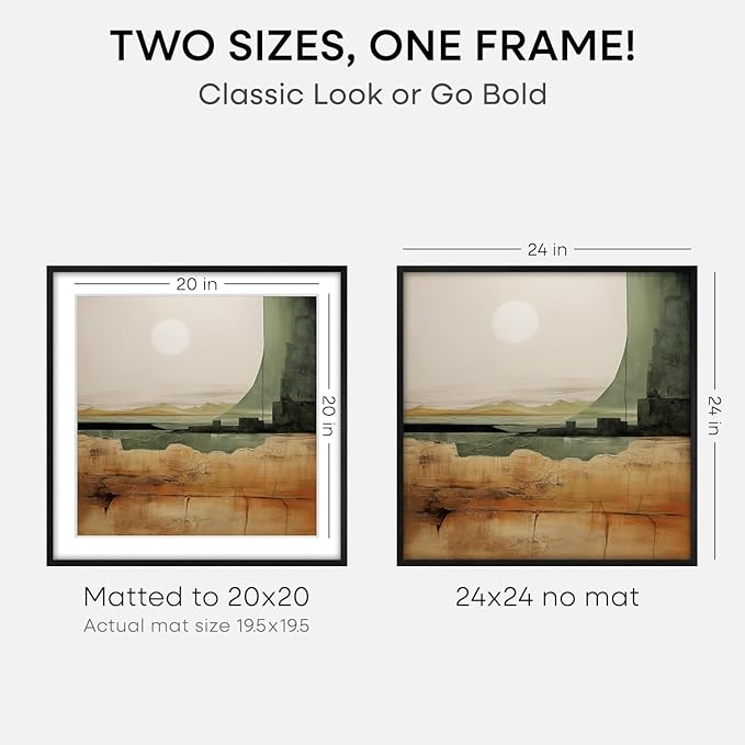 Homeforia 24x24 Black Wood Frame, High End Oak 24 x 24 Square Picture Frames with Mat 20 by 20 inches Photo, 24by24 Black Wooden Poster Frames Matted to 20x20 Print, Tempered Glass, Wall Kit, Set of 1