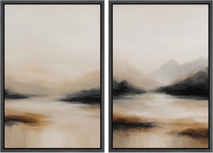 SIGNFORD Framed Canvas Print Wall Art Set Abstract Mountain Landscape Neutral Beige and Black Illustration Modern Art Decorative Nordic Nature for Living Room, Bedroom, Office - 24"x36"x2 Black