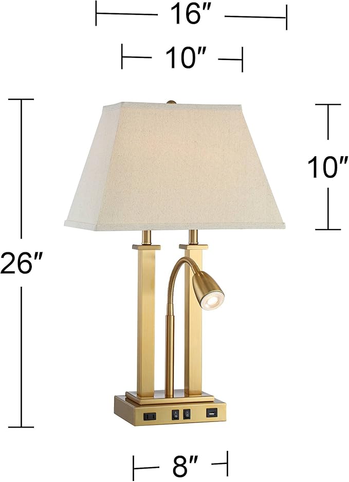 Possini Euro Design Deacon Modern Desk Table Lamp with USB and AC Power Outlet in Base LED Gooseneck 26" High Antique Brass Oatmeal Linen Drum Shade for Living Room Bedroom Bedside Nightstand