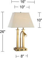 Possini Euro Design Deacon Modern Desk Table Lamp with USB and AC Power Outlet in Base LED Gooseneck 26" High Antique Brass Oatmeal Linen Drum Shade for Living Room Bedroom Bedside Nightstand
